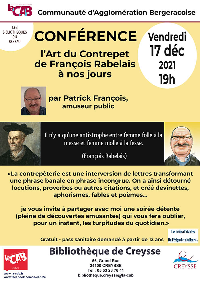Conférence "l’Art du Contrepet de François Rabelais à nos jours" par Patrick François, amuseur public