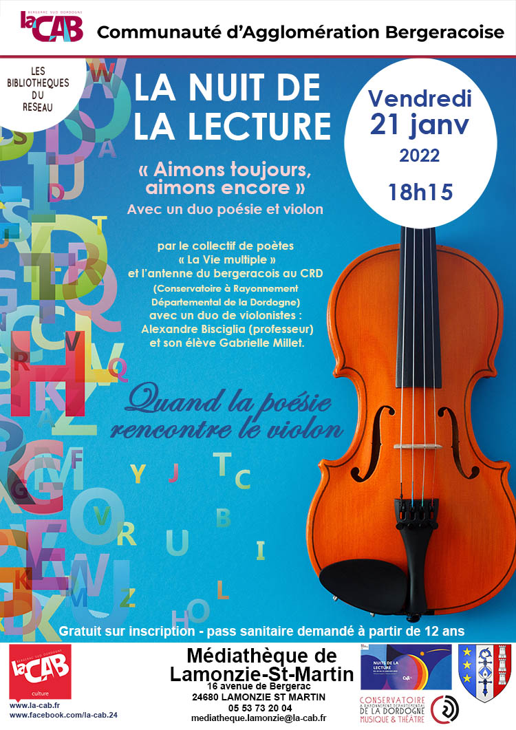 Les nuits de la lecture : Quand la poésie rencontre le violon… à la médiathèque de Lamonzie Saint Martin