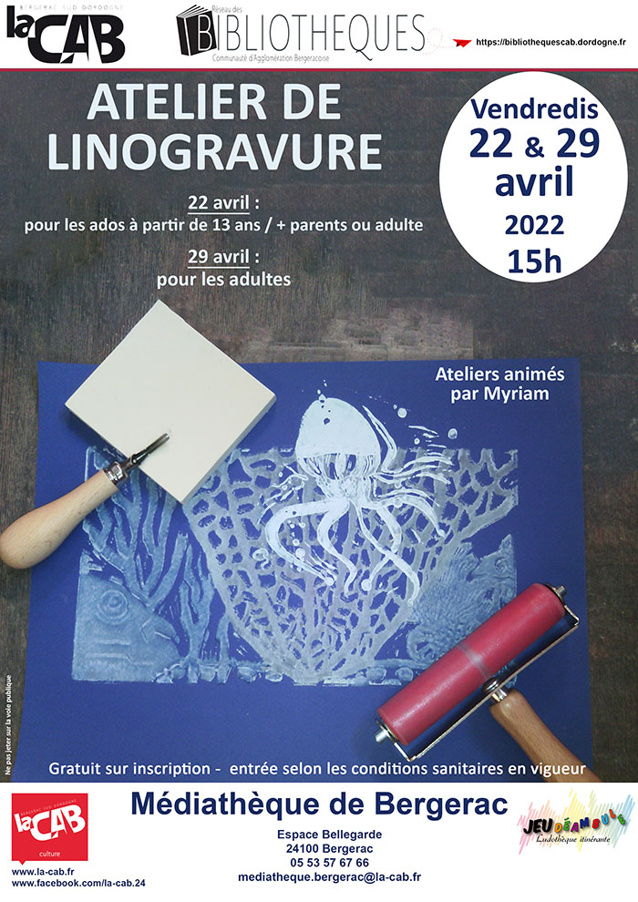 ATELIER LINOGRAVURE (pour les ados à partir de 13 ans + accompagnants) à la médiathèque de Bergerac
