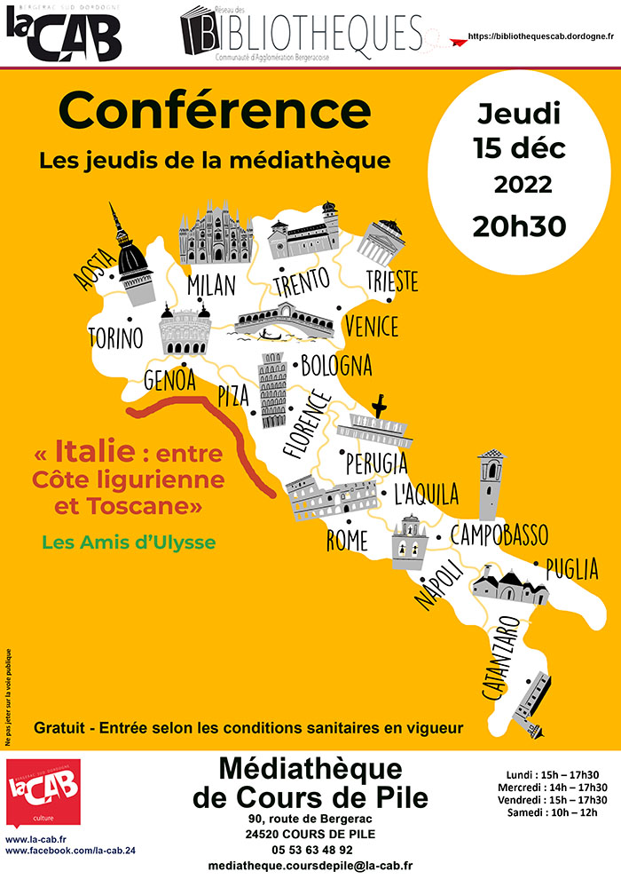 Conférence : "Les jeudis de la médiathèque" « Italie : entre Côte ligurienne et Toscane » à la médiathèque de Cours de Pile