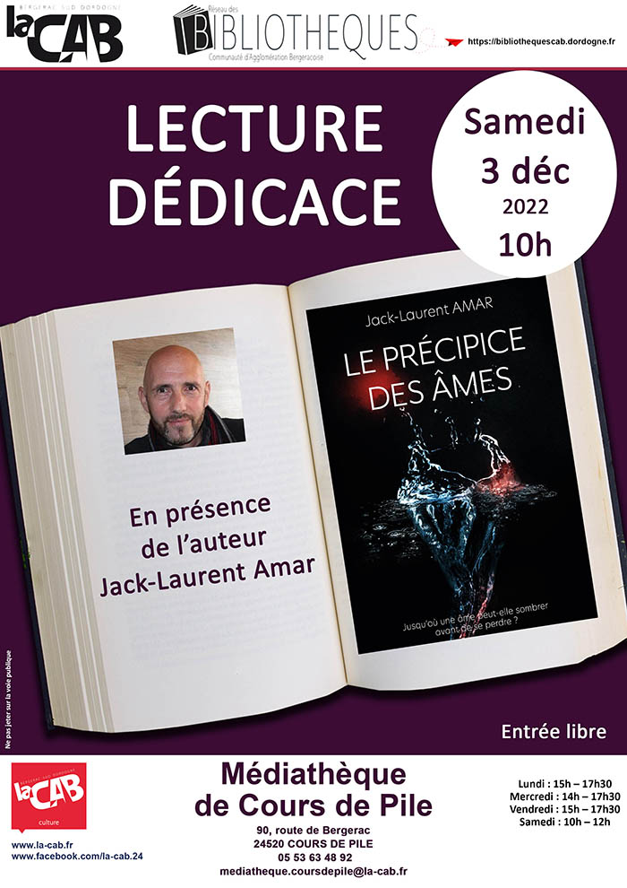 Lecture-dédicace du roman policier "le précipice des âmes" en présence de l'auteur Jack-Laurent Amar à la médiathèque de Cours de Pile