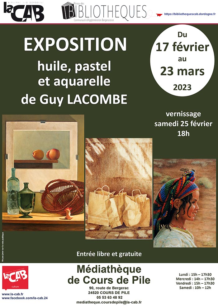 Exposition : huile, aquarelle et pastel de Guy Lacombe à la médiathèque de Cours de Pile