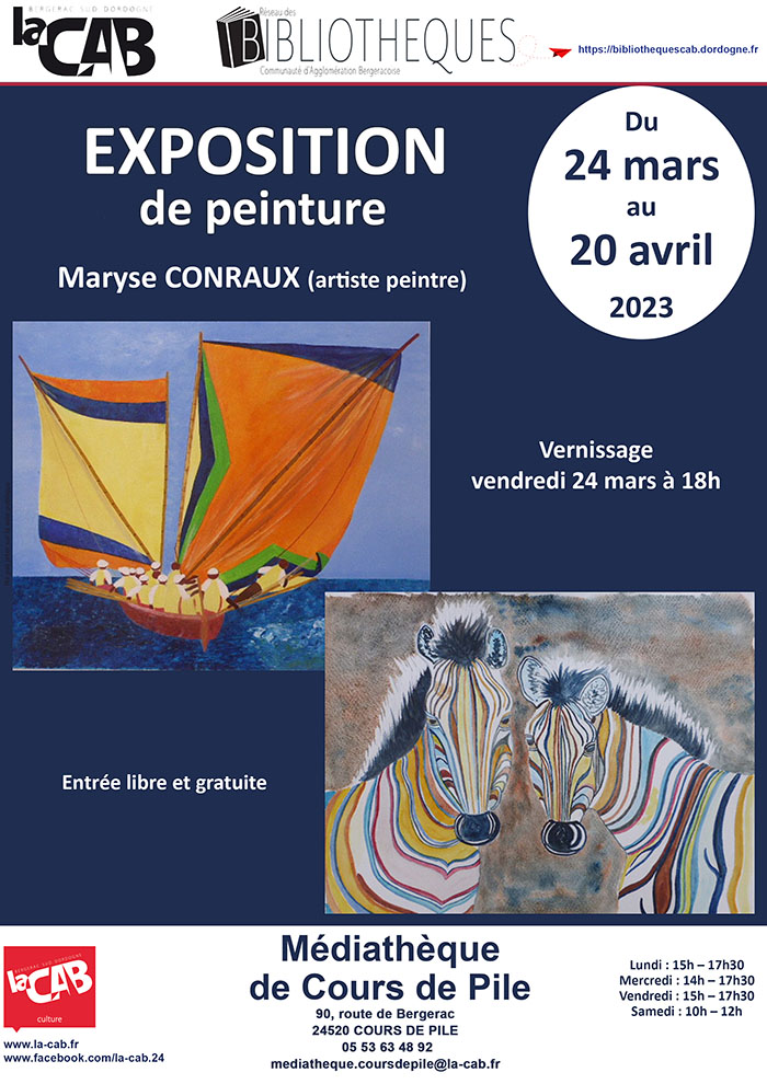 Exposition de peinture par Maryse Conraux (artiste peintre) à la médiathèque de Cours de Pile