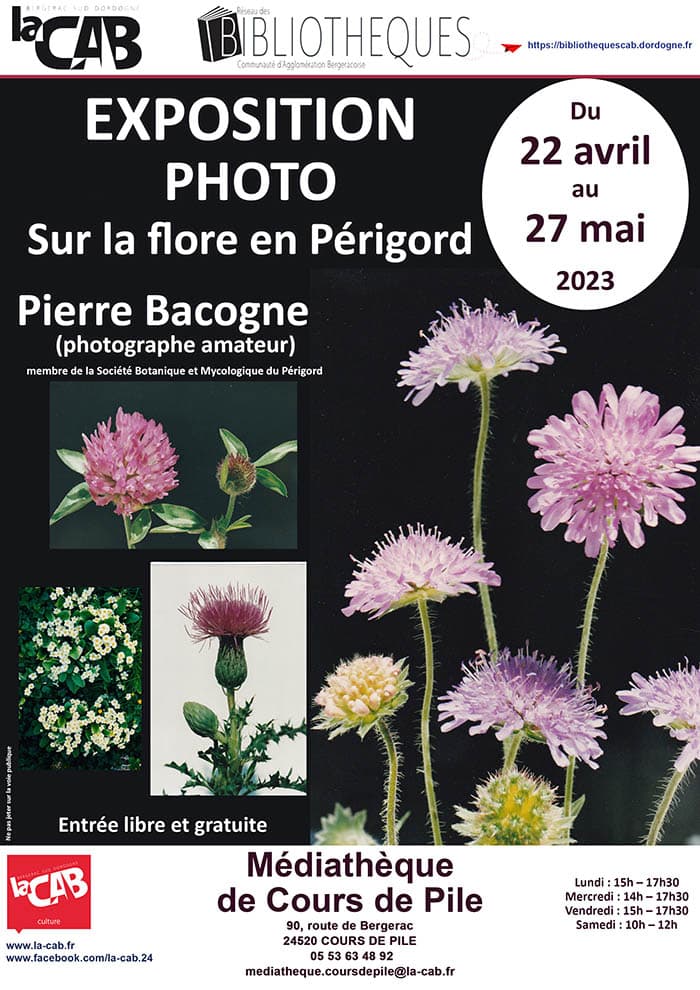 Exposition photo sur la flore en Périgord de Pierre Bacogne à la médiathèque de Cours de Pile