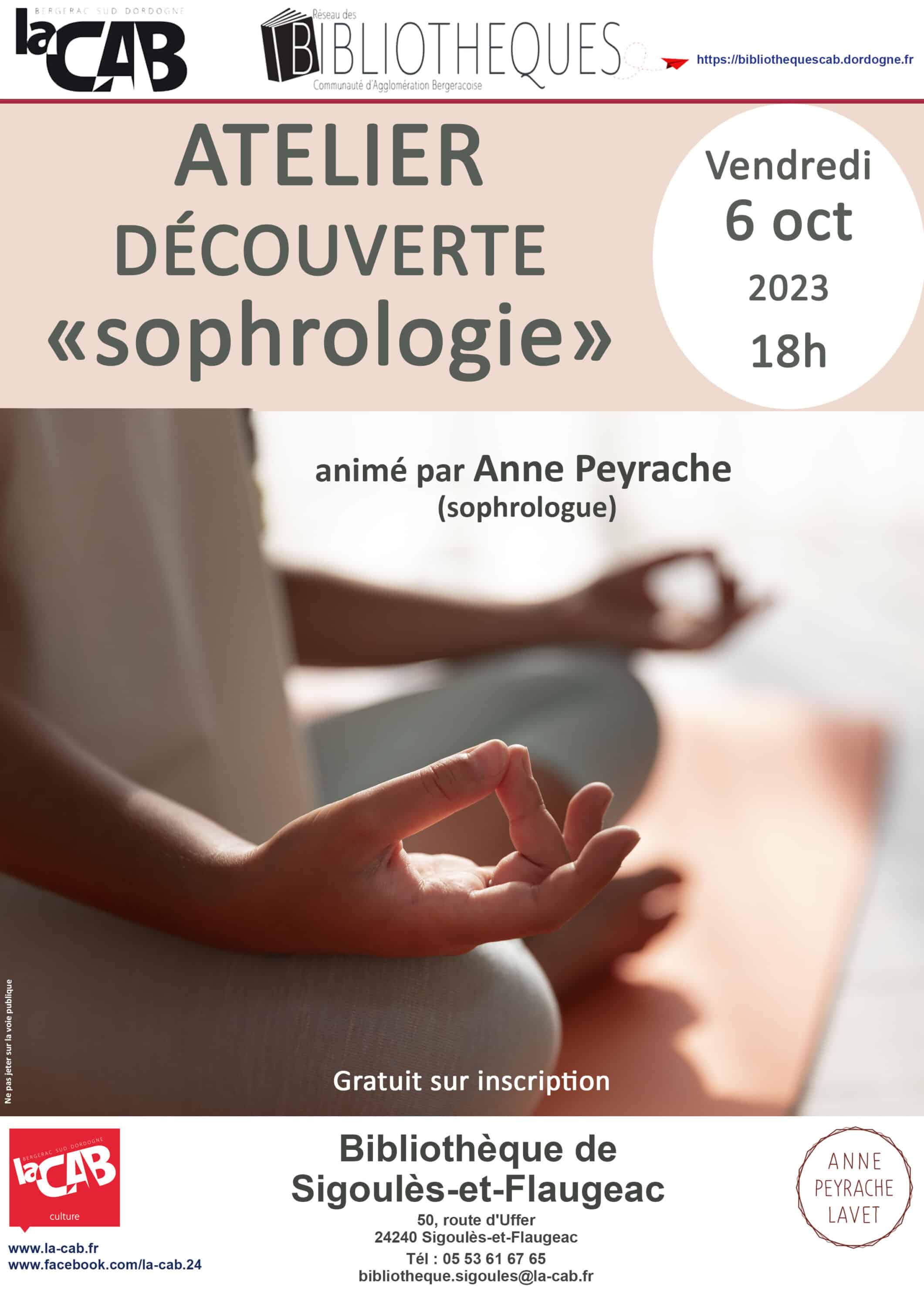 Atelier découverte : "sophrologie" animé par Anne Peyrache, sophrologue à la bibliothèque de Sigoulès-et-Flaugeac