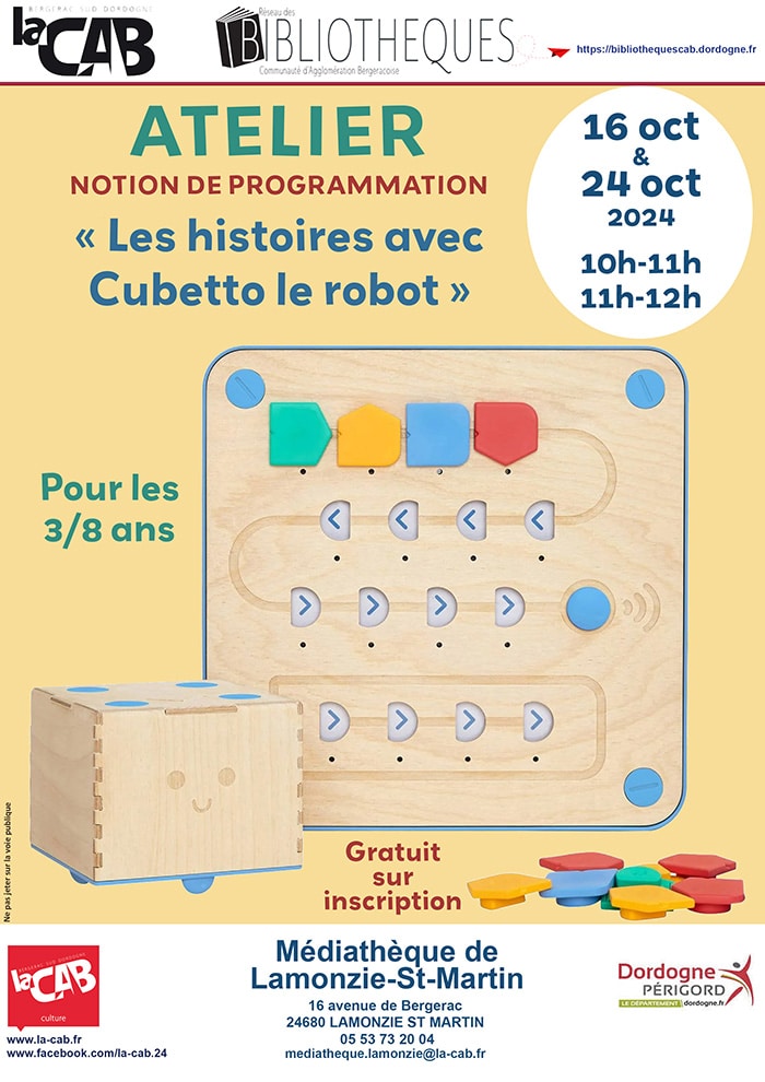 IMPRESSIONatelier cubetto oct 24 copie Atelier CUBETTO à la médiathèque de Lamonzie Saint Martin