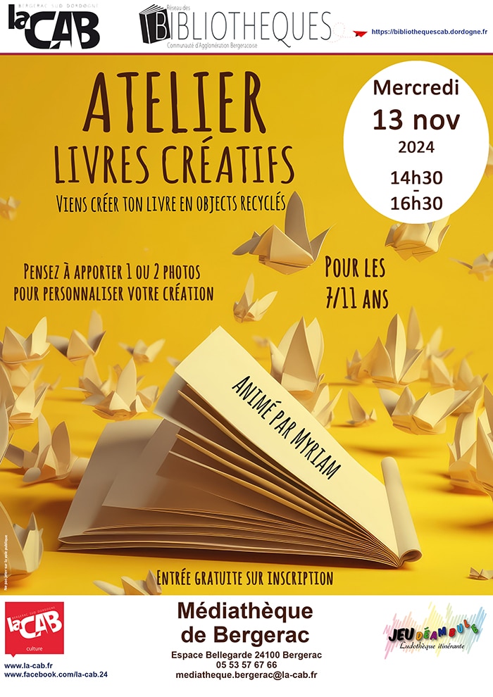 IMPRESSION ateliers livres recyclés nov 24 Atelier livres créatifs à la médiathèque de Bergerac
