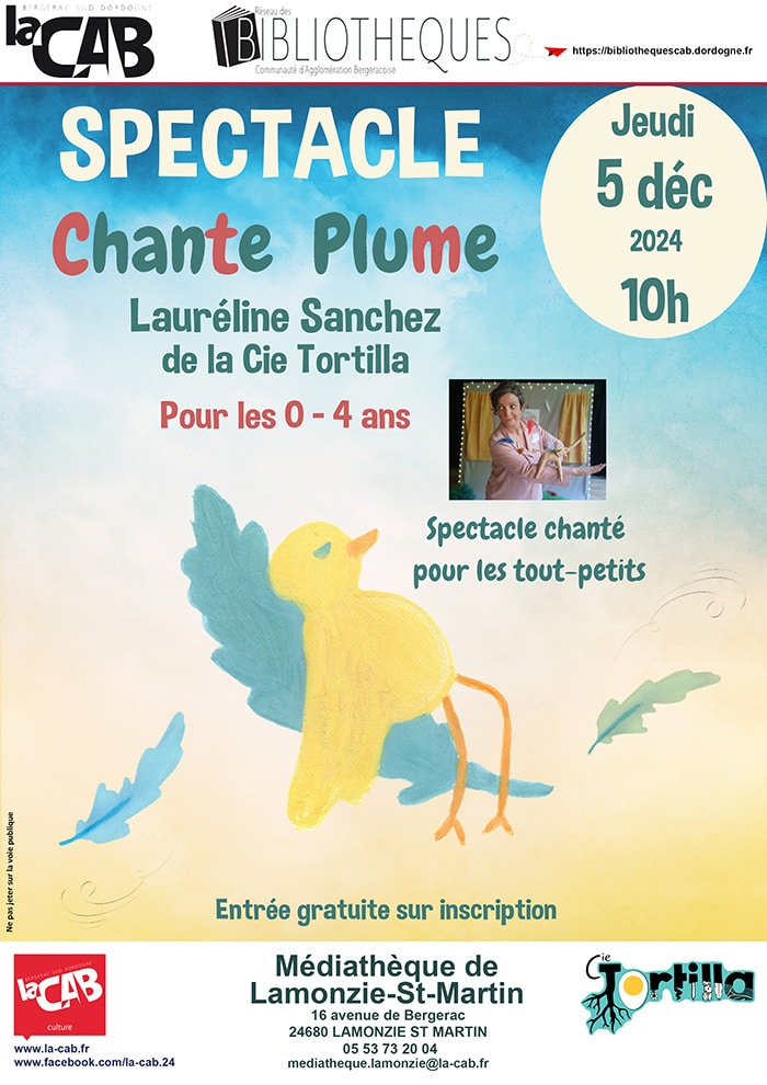 Spectacle Chante Plume à la médiathèque de Lamonzie Saint Martin