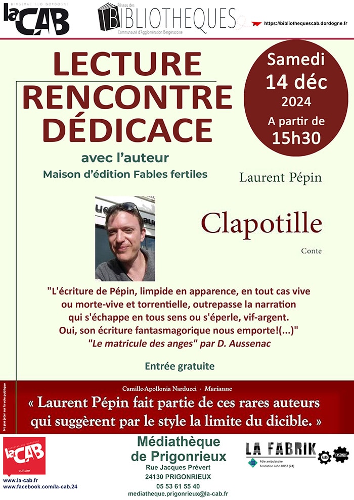 Lecture, rencontre, dédicace avec L'auteur Laurent Pépin à la médiathèque de Prigonrieux