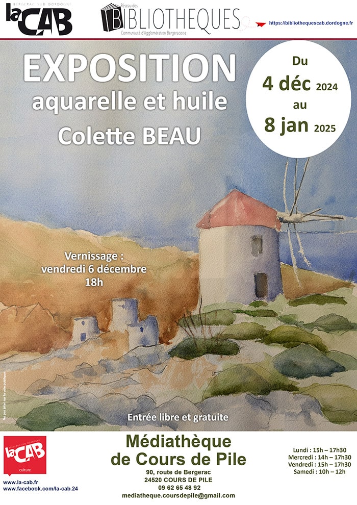 Exposition aquarelle et huile à la médiathèque de Cours de Pile