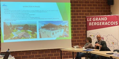 gal creysse Au micro Mme Céline Jardin, responsable de la Démarche alimentaire de territoire (DAT), à sa droite Mme Marie L’Hoste, responsable de Bergerac Entreprendre et M. Philippe Perrin, chef du service économique de la CAB