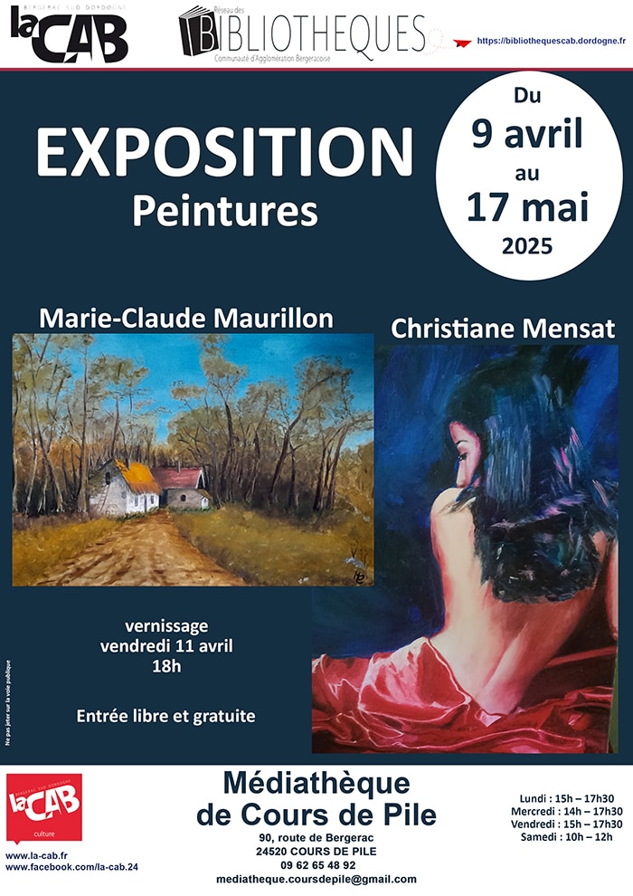 Exposition peintures : Marie-Claude Maurillon et Christiane Mensat à la médiathèque de Cours de Pile
